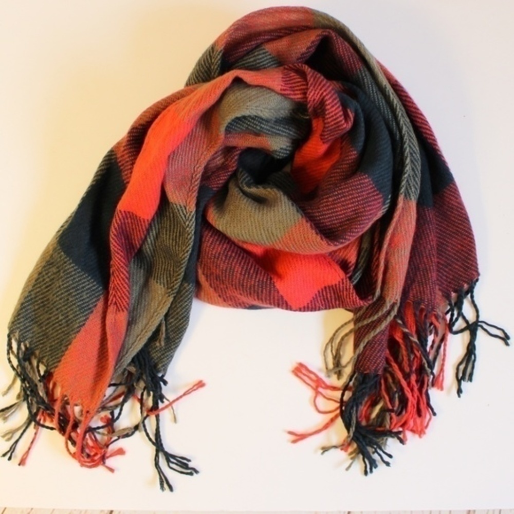 Beautiful Flannel Color Block XL Scarf Fringe